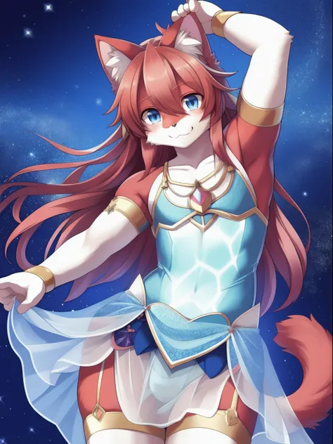 masterpiece, 1boy, Furry, kemono, furry cat, anthropomorphic, male, red fur, red skin, blue eyes, magical girl theme, long hair, revealing clothes, magical girl outfit, blue magical girl dress, femboy, sexy pose, uploaded on e621,