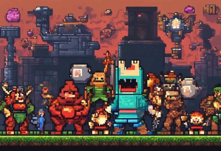 16bit, 16bit game, pixel art, battle scene, 80s games, Monster, Protagonist and friends lined up in front of the ruthless boss, back shot,