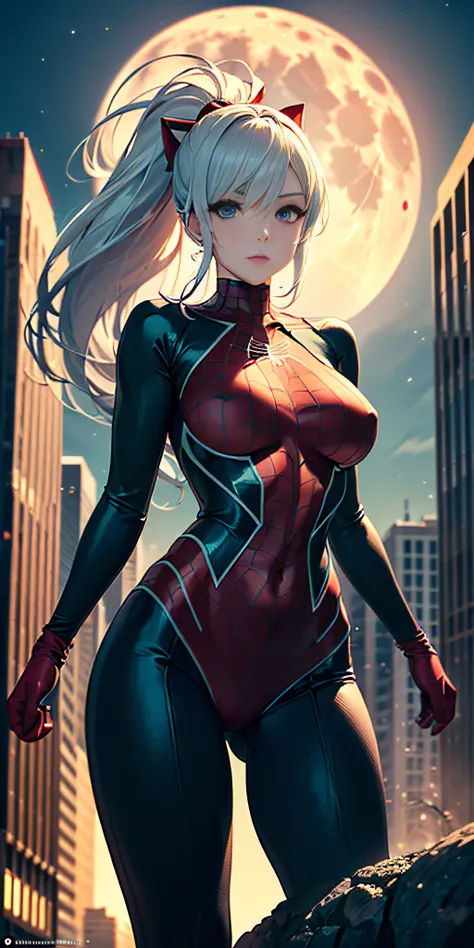 anime, anime profesional, (Masterpiece, 4k resolution, ultra realistic, very detailed), (black + fluorescent green superhero theme, charismatic, there is a girl at the top of the city, dressed in the Spider-Man costume, she is a superheroine), [ ((25 years...