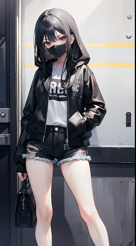 1  girl, long black hair, wearing plain black hooded leather jacket, denim shorts, alley, absurdres, ultrasharp, 8k, masterpiece, looking at viewer