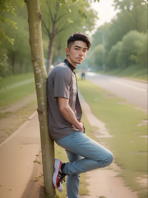 RAW photo, a portrait photo of y.o man in casual clothes, night, city street, (high detailed skin:1.2), 8k uhd, dslr, soft lighting, high quality, film grain, Fujifilm XT3