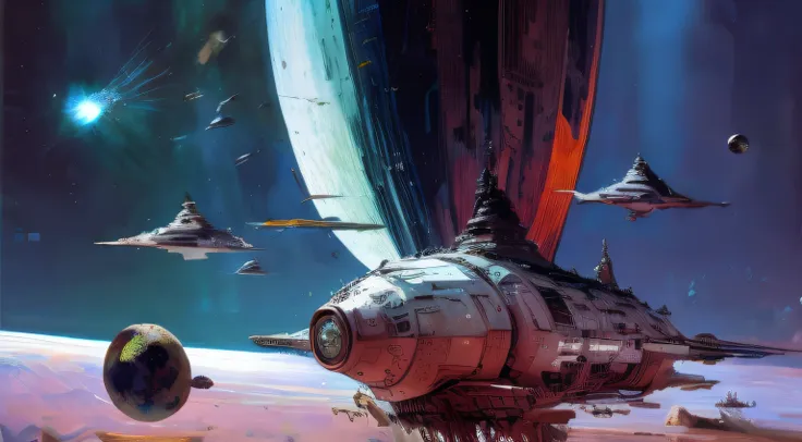 by john berkey satellites in space orbit around the earth, john berkey space art style cinematography, atmospheric, photorealist...