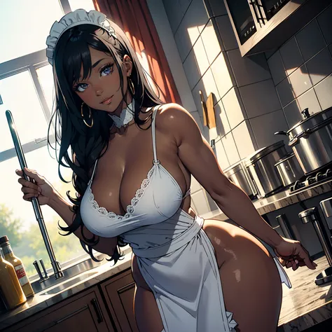 Beautiful Maid ,Moisten Carmelto,(Sensual posture)，(clean the floor with a broom), naked white apron ,((dark skin)),trending on artstationh, Sharp focus,, Intricate details, Highly detailed,, intricate face details,Curvy physique, Thick body,((Mature femal...