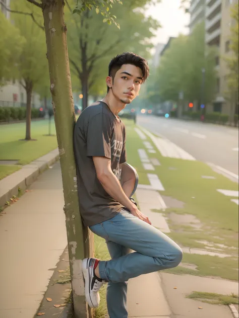 RAW photo, a portrait photo of 25 y.o man in casual clothes, night, city street, (high detailed skin:1.2), 8k uhd, dslr, soft lighting, high quality, film grain, Fujifilm XT3