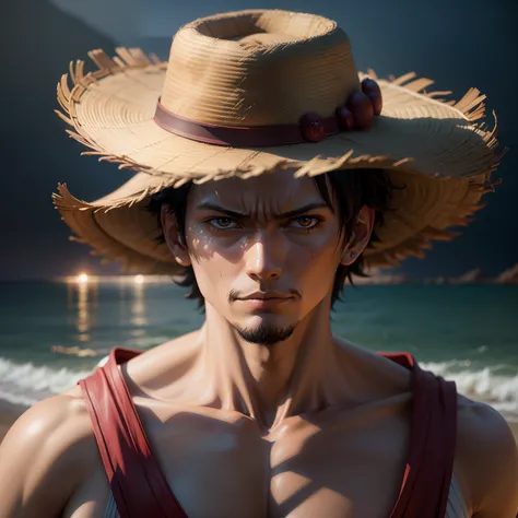 Anime One piece "Luffy" vida real,Fotografia, 8k, highes definition, hiper-realista, + Cinematographic shot + dynamic compositing, incrivelmente detalhado, nitidez, detalhes detalhes + noite com luz + perfeccionismo + realismo premiado ((mood lighting)