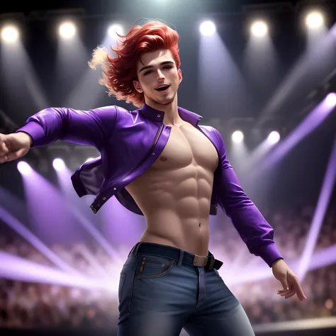 um homem jovem de aproximadamente 20 anos, com longo, red hair reaching down to the shoulders and thin beard. Hes wearing a stylish, Purple jacket., sem camisa, Displaying your physique. Na parte de baixo, He wears a bell-bottomed pair of jeans, that refer...