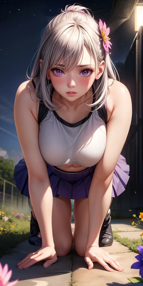 realistic, girl single, gray hair, purple eyes, glowing eyes, crop top, skirt, parted lips, blush, night, flower, sun, sunlight, all fours