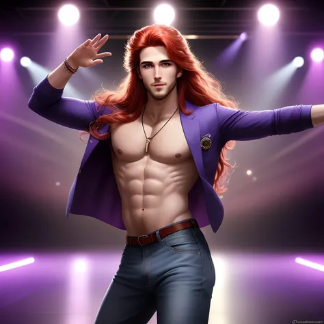 um homem jovem de aproximadamente 20 anos, with long, red hair that reaches down to his shoulders and a thin beard. Hes wearing a stylish, Purple jacket., sem camisa, Displaying your physique. Na parte de baixo, He wears a bell-bottomed jeans, that refers ...