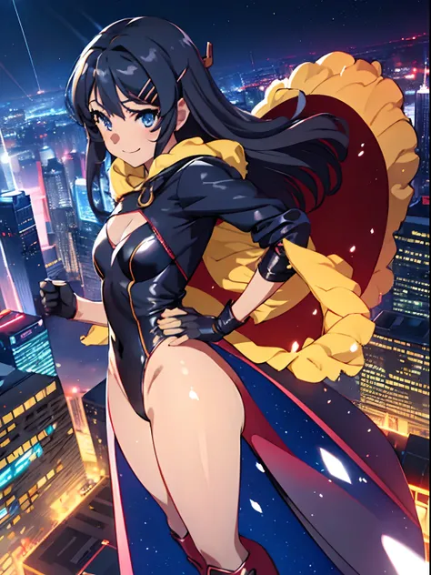 (best quality, masterpiece), 1girl, solo, glitter, leotard, bare legs, particle, superhero, boots, gloves, clenched fists, standing, hands on hip, smile, city backdrop, beautiful detailed eyes, Sakurajima Mai, blue eyes