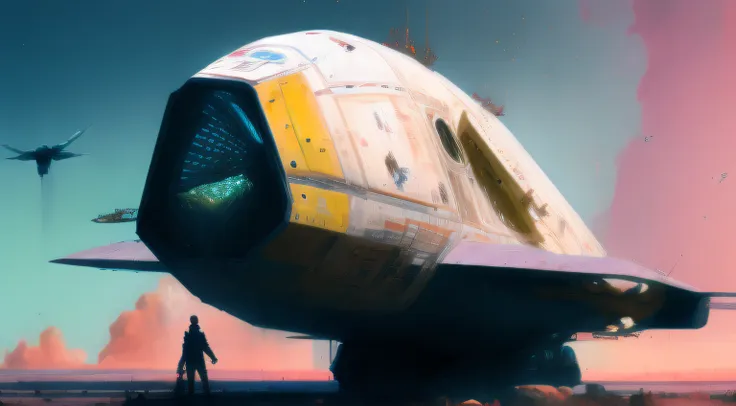 ((realistic)), ((painting)), spaceship, ((wings)), ((box design)), ((cockpit exterior)), ((sharp angles)), pink nebula, legs, ((...