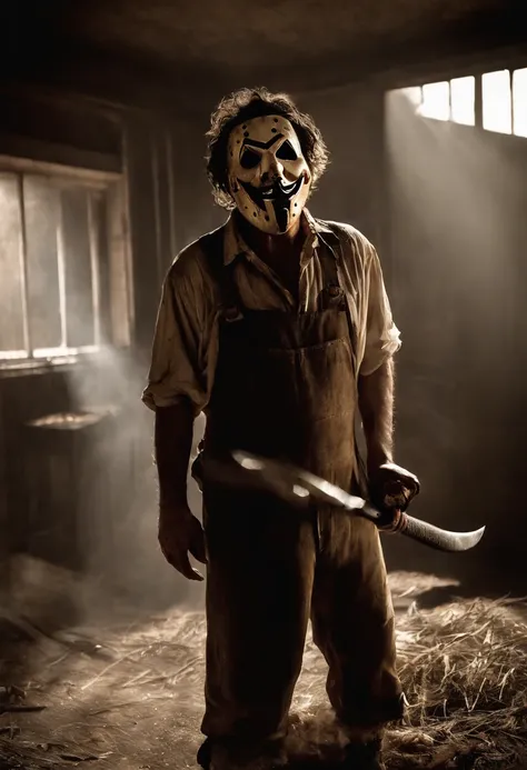 "Imagine a terrifying scene where Leatherface, the iconic killer from the movie "The Chainsaw Massacre", is in its macabre habitat. His mask of human skin fitted to the distorted face, revealing only a psychotic and insane look. Holding a rusty chainsaw wi...