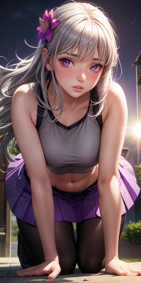 realistic, girl single, gray hair, purple eyes, glowing eyes, crop top, skirt, parted lips, blush, night, flower, sun, sunlight, all fours