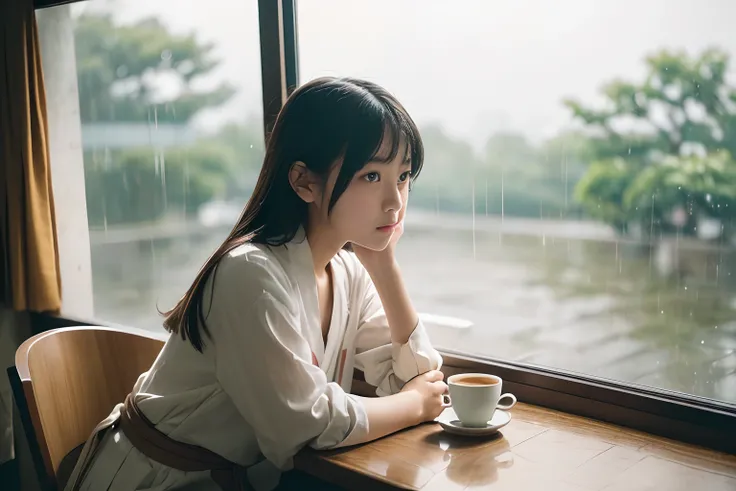 (13 year old girl in japan, bangss,long, small round face:1.2), (flat chest:1), rainy day,sitting on a chair in a café and looki...