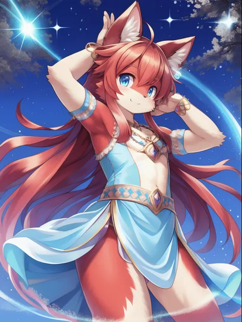 masterpiece, 1boy, Furry, kemono, furry cat, anthropomorphic, male, red fur, red skin, blue eyes, magical girl theme, long hair, revealing clothes, magical girl outfit, blue magical girl dress, femboy, sexy pose, uploaded on e621,