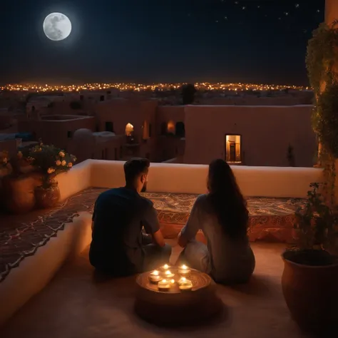 hyper realistic photo, ultra detailed photograph of a beautiful Moroccan rooftop, one young man and one woman from behind, face hidden, towards view, praying together, photorealistic, riad rooftop, Amazigh pillows, Marrakech view, soft moon, shimmering sta...