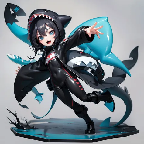 Chibi, shark, Cute, Blue,Shark Hat,  actionpose, Black Hair Bob, Sauce order,Shark Suit, Big Badejo, Full body, masutepiece, 3D Rendering, Best Quality, Lots of detail, (Plain background), vinyl toy figurine