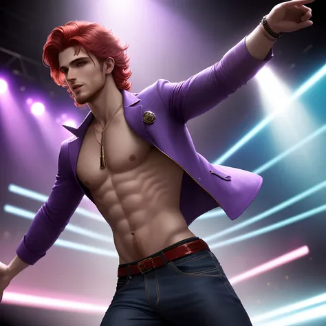 um homem jovem de aproximadamente 20 anos, de rosto lindo e com longo, red hair reaching down to the shoulders and thin beard. Hes wearing a stylish, Purple jacket., sem camisa, Displaying your physique. Na parte de baixo, He wears a bell-bottomed pair of ...