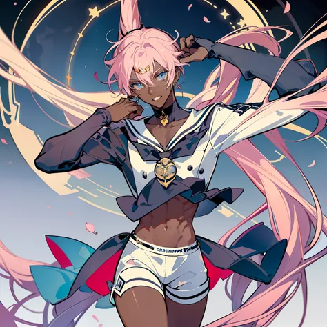 "Create a stunning artwork of a (( Beautiful,Man as hybrid of Sailor Moon with intricate details, vibrant colors, and dynamic poses.)), ((the Man has dark skin:1.2)) long white hair with Pink streaks ,)) and (( a Skimpy white and Pink Outfit with white sho...