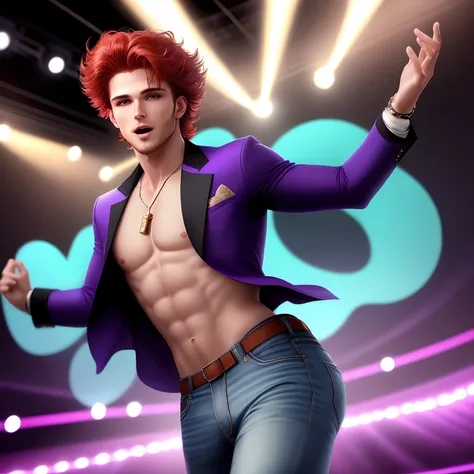 um homem jovem de aproximadamente 20 anos, com longo, red hair reaching down to the shoulders and thin beard. Hes wearing a stylish, Purple jacket., sem camisa, Displaying your physique. Na parte de baixo, He wears a bell-bottomed pair of jeans, that refer...