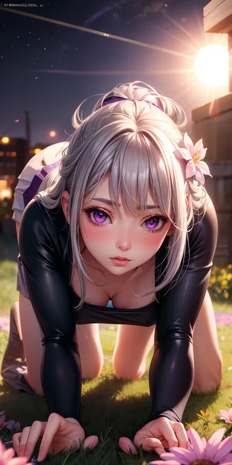 realistic, girl single, gray hair, purple eyes, glowing eyes, crop top, skirt, parted lips, blush, night, flower, sun, sunlight, all fours