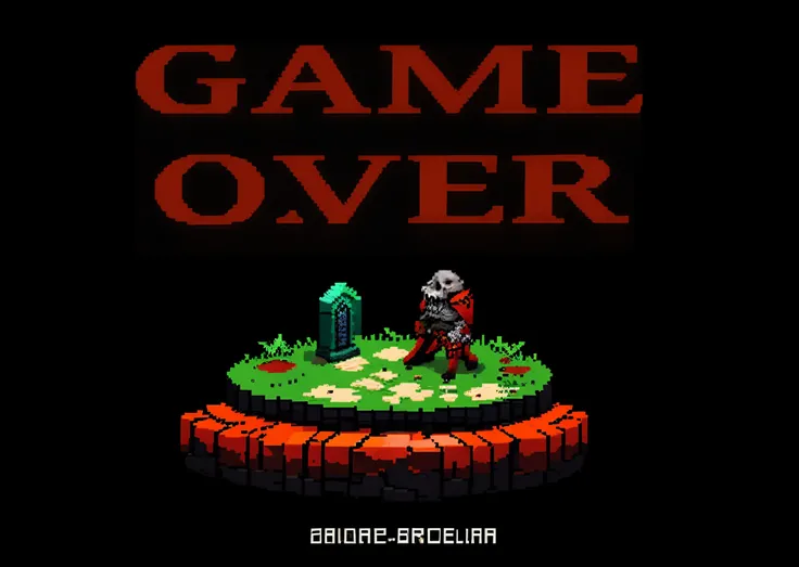 Dark background, dead wounded knight, dripping red paint, gore, skeleton, tombstone, pixel game scene, game over, 8-bit video game, detailed pixel game, intricate detail, top quality , highest resolution