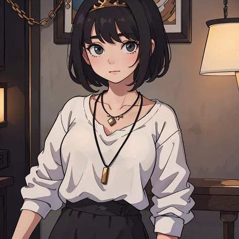 1girl, short hair, black hair,crown,casual clothes, necklace, look at viewers, high quality, detailed