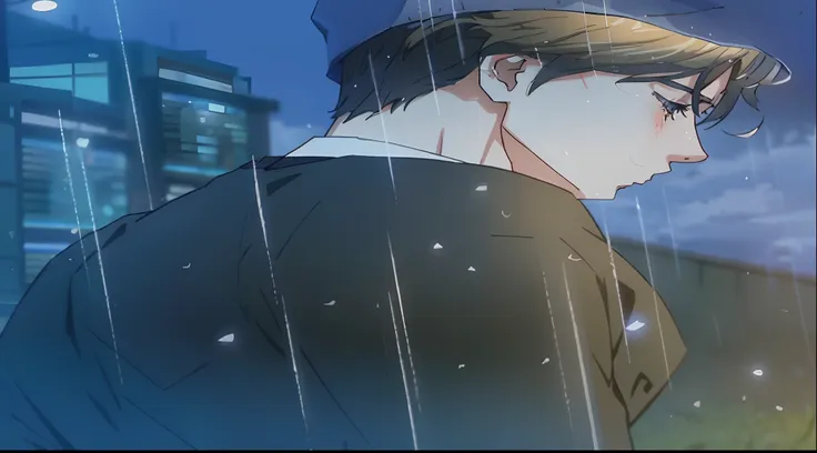 a close up of a man in a suit standing in the rain, silver hair,screenshot from the anime film, tears in the rain, water drippin...