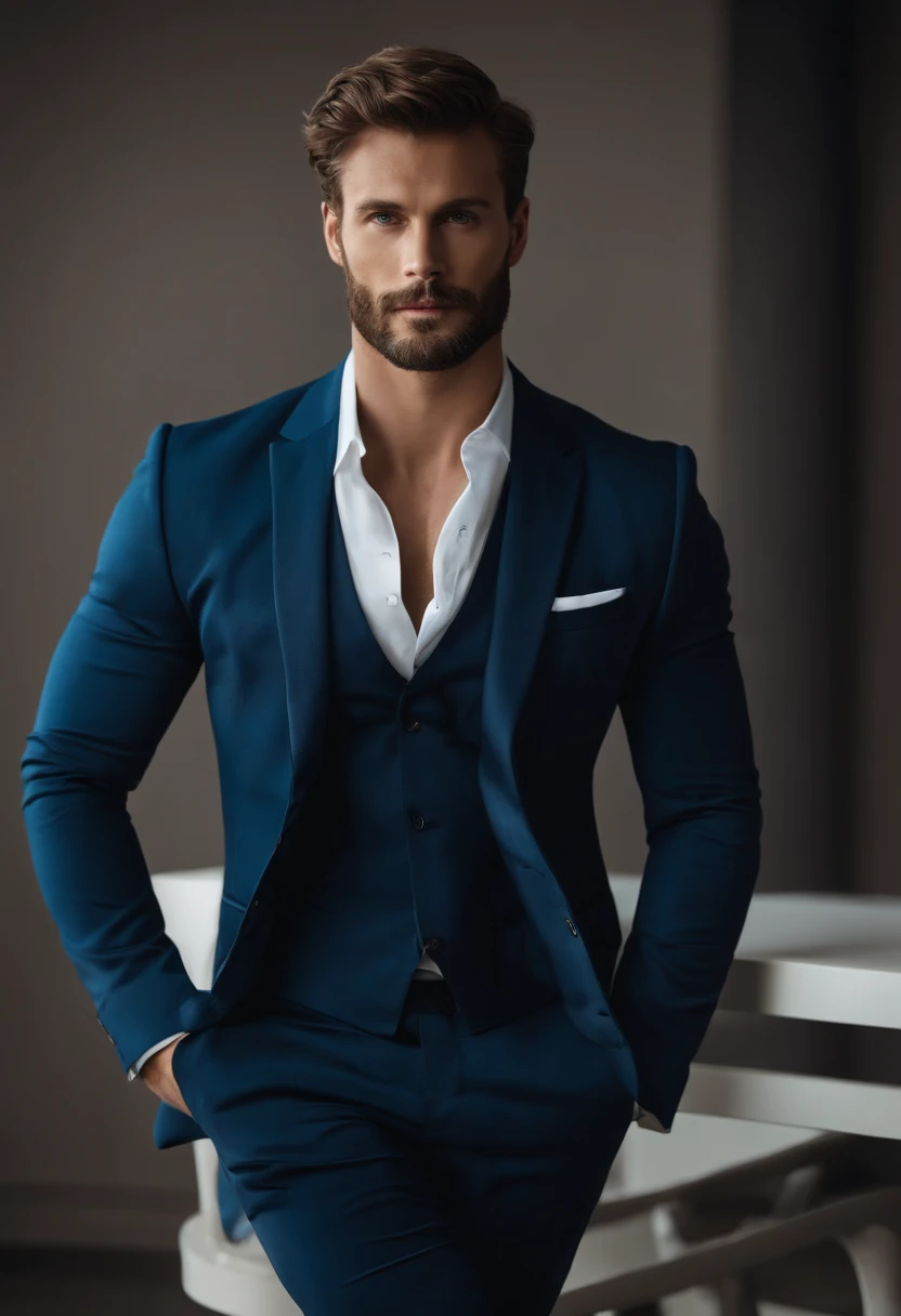 (Homem com roupa elegante), ), (usando barba longa e cheia,) (olhos azuis) (retrato) Attractive and serious look, Cabelos castanhos escuros, Elegante e elegante, e camiseta de corpo forte, Homem parecido com o ator Jamie Dornan, (imagem realista e de alta ...