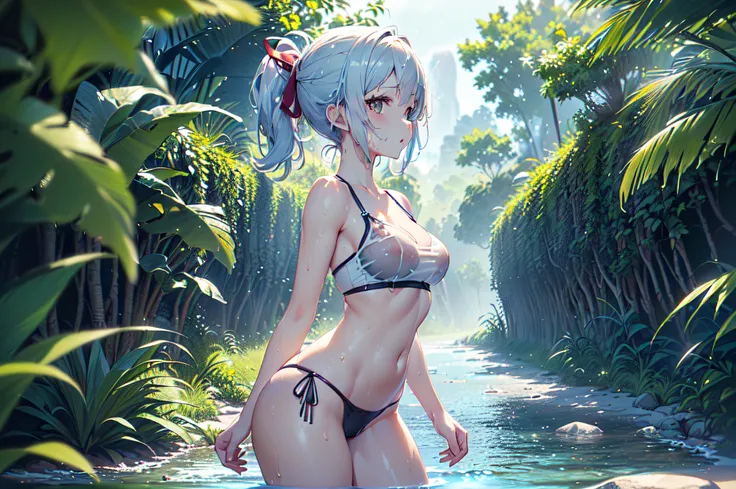 (((solo 1 women),Calidad 3, Wet anime, hiper detalles, Vista de cuerpo completo, Wet anime 20-year-old white woman with random colored hair Wet hair tied back with a red ribbon Her eyes are the same color as her wet hair, Thin, super-tight clothing: tapa b...