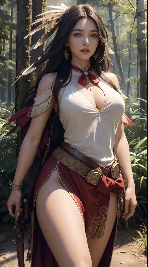 ((masterpiece)), ((best quality)), ((highres)), extremely detailed)), 1 girl as Pocahontas costume, full body, Beautiful Native American woman, mature woman, Big breast, (super realistic), (peerless beauty), detailed skin texture, detailed cloth texture, b...