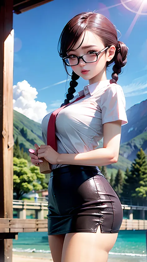 arafe japan woman in white shirt and super mini skirt, 8k selfie photo, girl cute-fine-face, tri braids、gorgeous young korean wo...