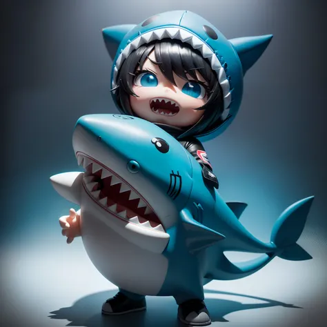 Chibi, shark, Cute, Blue,Shark Hat,  actionpose, Black Hair Bob, Sauce order,Shark Suit, Big Badejo, Full body, masutepiece, 3D Rendering, Best Quality, Lots of detail, (Plain background), vinyl toy figurine