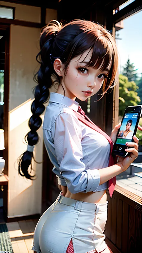 arafe japan woman in white shirt and super mini skirt, 8k selfie photo, girl cute-fine-face, tri braids、gorgeous young korean wo...