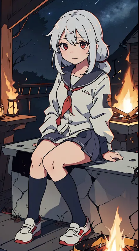 anime girl next to a campfire, a hyperrealistic schoolgirl, realistic schoolgirl, anime girl has white hair and red eyes, beautiful anime girl, [ 4 k digital art ], kantai collection style, female protagonist 👀 :8, school girl, guweiz, kawacy, smooth anime...