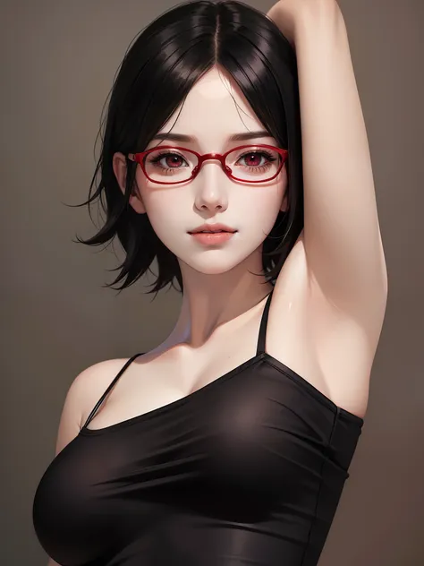 1girl, uchiha sarada in anime boruto, short hair, black hair, red eyes, smile, beautiful, sexy dress, sexy clothes, red clothes,...