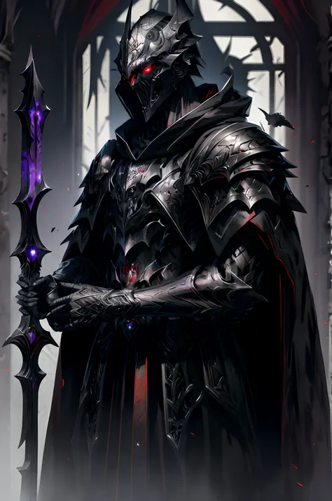 dark soul, a bodyless armor, black shawl, black hood, no face, male, armor carving, demonic armor, black face, scarlet eyes, bar...