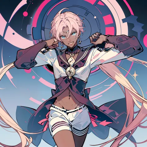 "Create a stunning artwork of a (( Beautiful,Man as hybrid of Sailor Moon with intricate details, vibrant colors, and dynamic poses, Smiling )), ((the Man has dark skin:1.2)) ,(( long white hair with Pink streaks ,)) and (( a Skimpy white and Pink Outfit w...