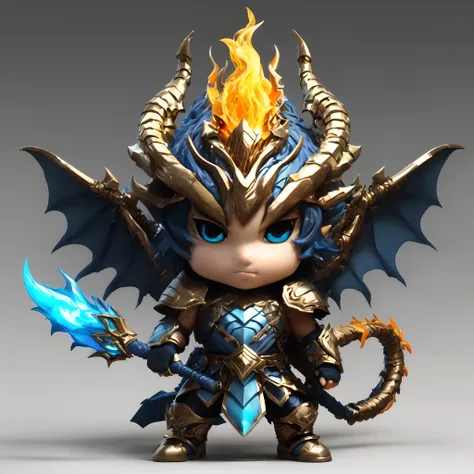 Close-up of a small toy with a dragon drawn on it, dragon knight, super detailed fantasy characters, very detailed character, Blue armor inspired by dragons, flame conjuring armored, by Yang J, epic fantasy digital art style, Chibi, Nendoroid 3D, cg artist...