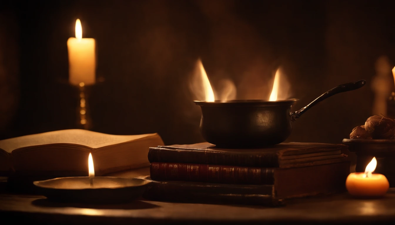 top-quality, ​masterpiece, ultra-detailliert, Alchemists room, medieval times, natta, Lined cookware, old book, Candlelight, Magical, Suspicious atmosphere, dark ilumination