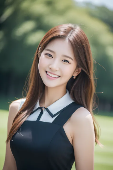 ((Best quality, 8k, Masterpiece :1.3)), 1girl, Heather Kim smiling, full body, slim face, Pretty woman, (Dark brown hair), full length dress :1.1, Ultra-detailed face, Detailed eyes, Double eyelid, blur background, slim face, playing golf