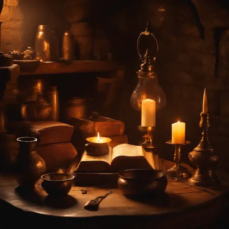 top-quality, ​masterpiece, ultra-detailliert, Alchemists room, medieval times, natta, Lined cookware, old book, Candlelight, Magical, Suspicious atmosphere, dark ilumination