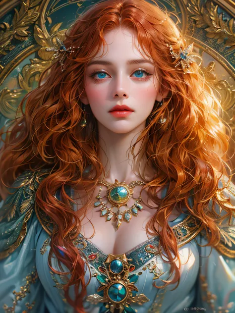 (absurdres, highres, ultra detailed, HDR), masterpiece, best quality, a mature heroine, detailed face, beautiful face with decorative detailed (long redhead wavy hair) (blue eyes), green details , white touch and red little outline,with red magic mirror in...