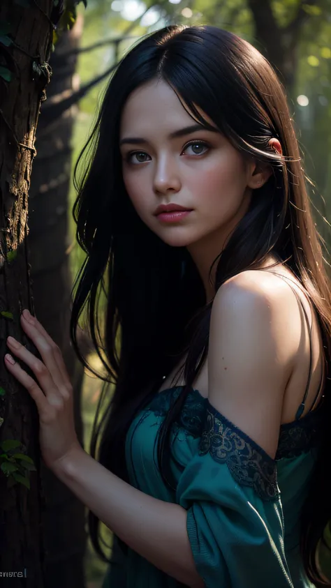 epic realistic, (dark shot:1.4), 80mm, Create a portrait of a woman with long, dark hair. She has a mysterious expression, gazing at the viewer with a slight tilt of her head. She is simply dressed, with an arm wrapped around a tree branch that also resemb...