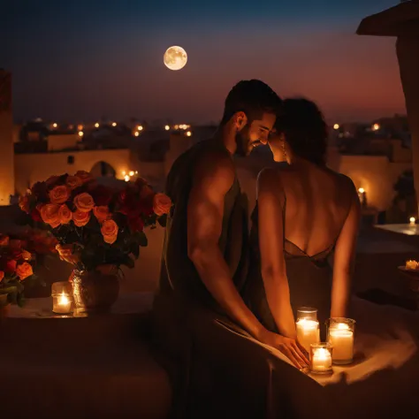 hyper realistic photo, ultra detailed photograph of a beautiful Moroccan rooftop, (one young thin man and one curvy woman from behind), face hidden, towards view, praying together, male and female holding eachother, photorealistic, (riad rooftop), (pillows...