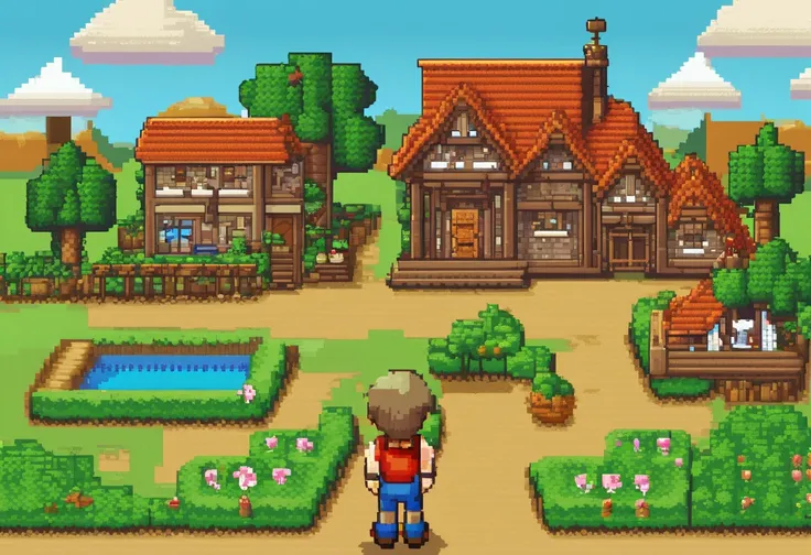 style of harvest moon back to nature, pixel art, super nintendo art, site, hidden, vibrant, adventerous