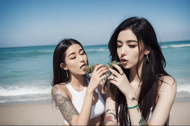 ganja、Cannabis buds、Woman smoking cannabis on the beach、Massive amount of white smoke from the mouth、A lot of tattoos on the body