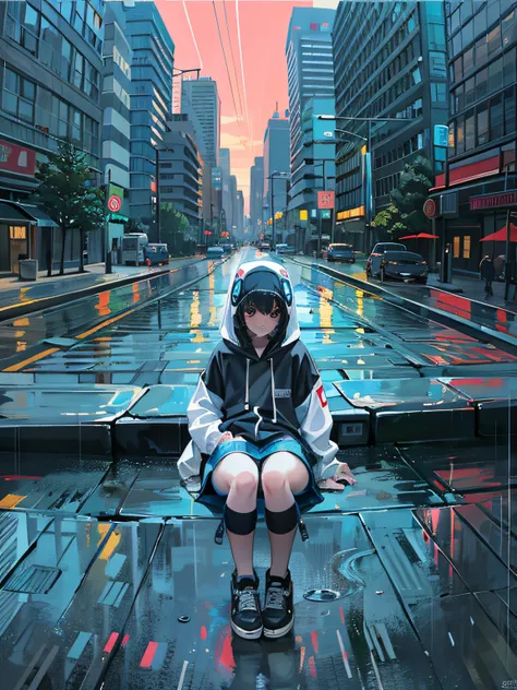 masterpiece, girl alone, solo, incredibly absurd, hoodie, headphones, street, outdoor, rain, neon,