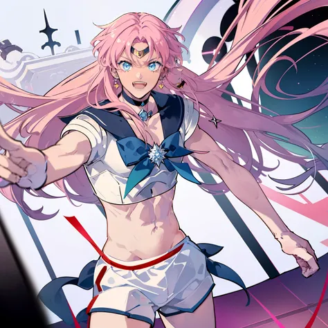 "Create a stunning artwork of a (( Beautiful,Man as hybrid of Sailor Moon with intricate details, vibrant colors, and dynamic poses, Smiling )), ((the Man has dark skin:1.2)) ,(( long white hair with Pink streaks ,)) and (( a Skimpy white and Pink Outfit w...