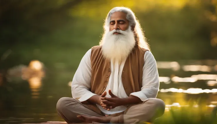 (best quality,4k,8k,highres,masterpiece:1.2),ultra-detailed,(realistic,photorealistic,photo-realistic:1.37),portrait,((Sadhguru:1.1)) meditating,yogi with long white beard,deep concentration,serene expression,tranquil surroundings,natural sunlight,soft sha...