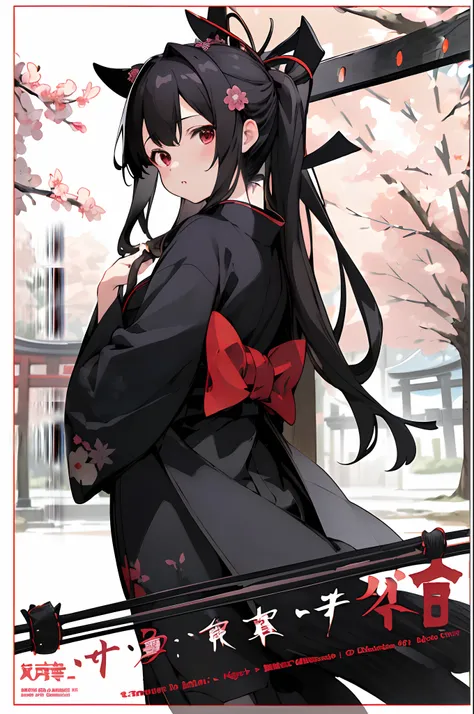 (masuter piece, Best Quality, Ultra-detailed), 1girl in, Black kimono, flat-chest, Black legwear, a black ribbon, A dark-haired, cherry trees, florals, Komono, Kimono, The long-haired, Looks Back, outside of house, figura, torii gate, The tree, (magazine:1...